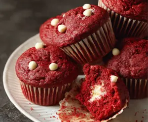 Delicious soft and fluffy red velvet muffins fresh out of the oven