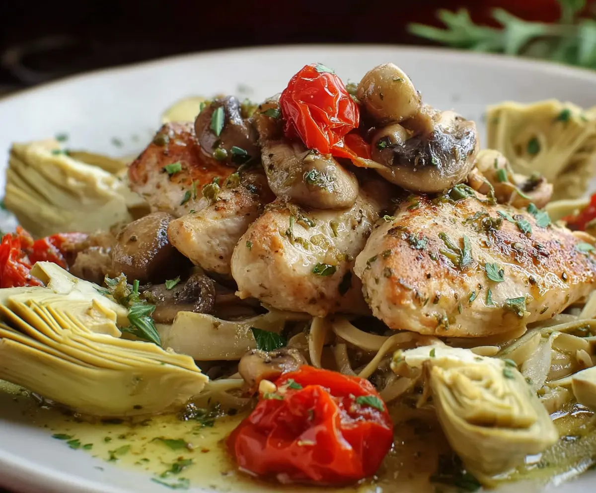 Delicious romantic chicken dish with artichokes and mushrooms, perfect for a special dinner.