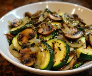 Delicious sautéed zucchini, mushrooms, and onions in a flavorful vegetable medley.