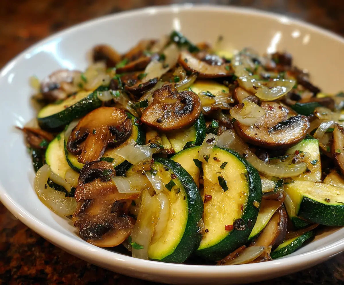 Delicious sautéed zucchini, mushrooms, and onions in a flavorful vegetable medley.