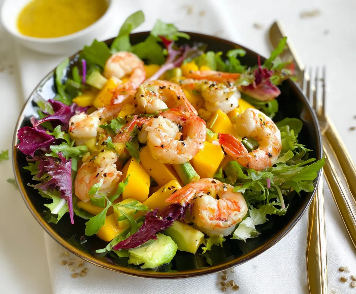Colorful shrimp and mango salad with fresh greens and vibrant citrus dressing.