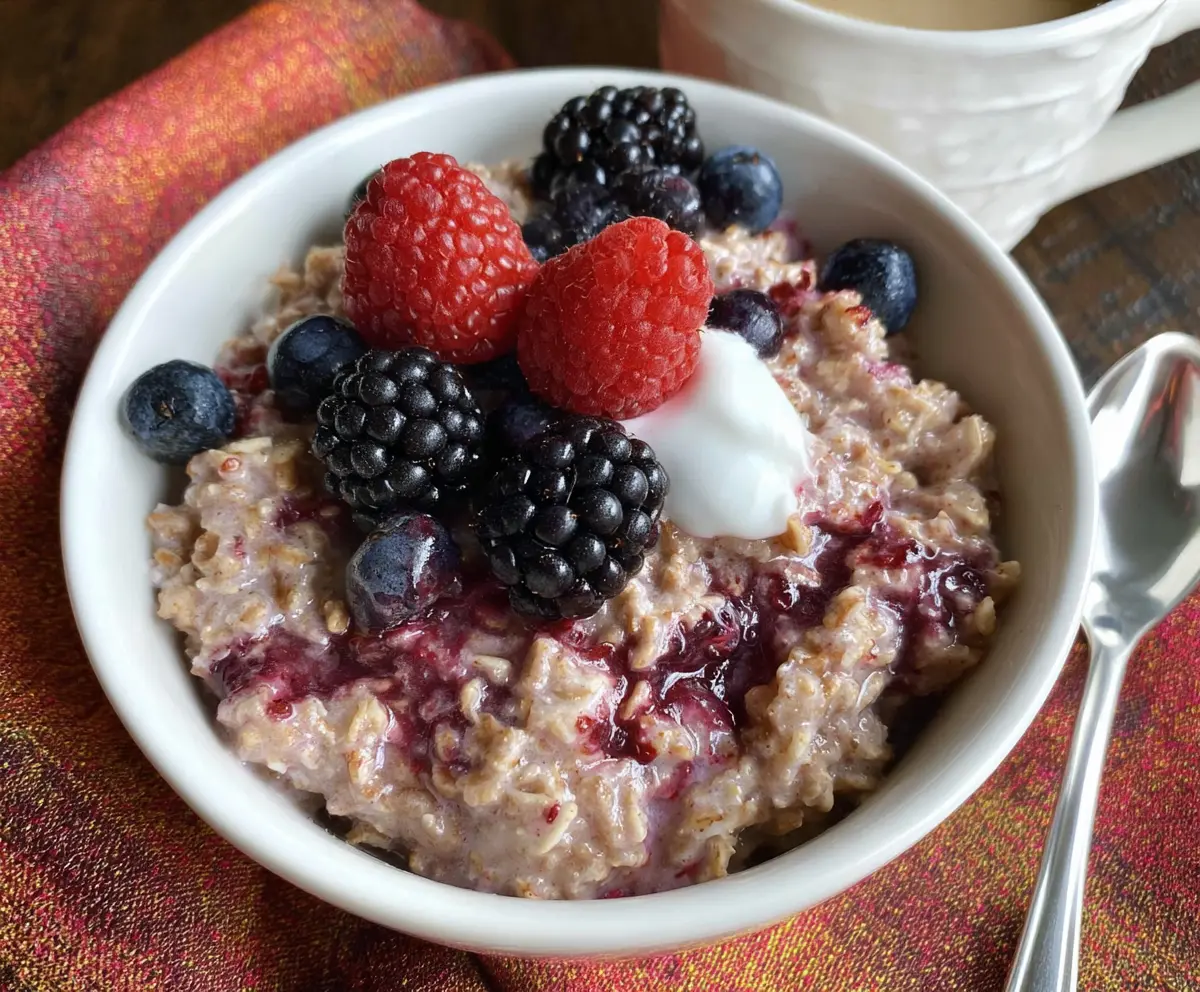 Healthy Slow Cooker Berry Oatmeal in a white bowl topped with fresh berries and a sprinkle of nuts.