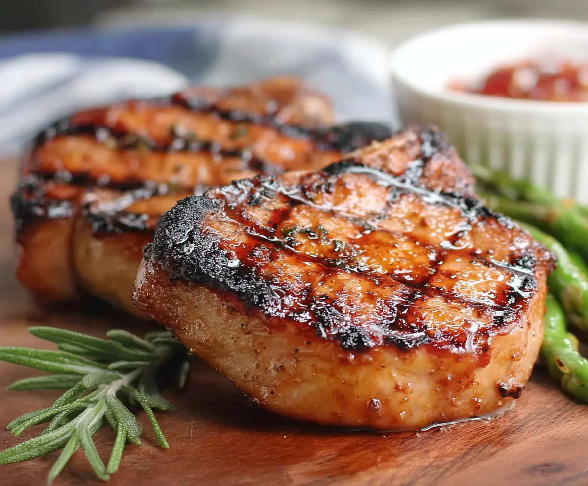 Juicy Southern Sweet Grilled Pork Chops served with a glaze on a barbecue plate.