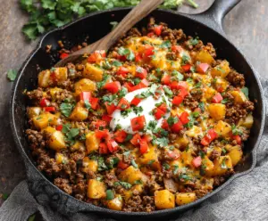 Delicious Southwest ground beef and potato skillet in a skillet dish, garnished with fresh cilantro and cheese.