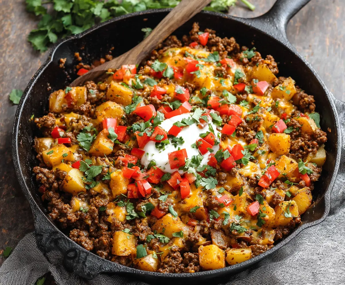 Delicious Southwest ground beef and potato skillet in a skillet dish, garnished with fresh cilantro and cheese.