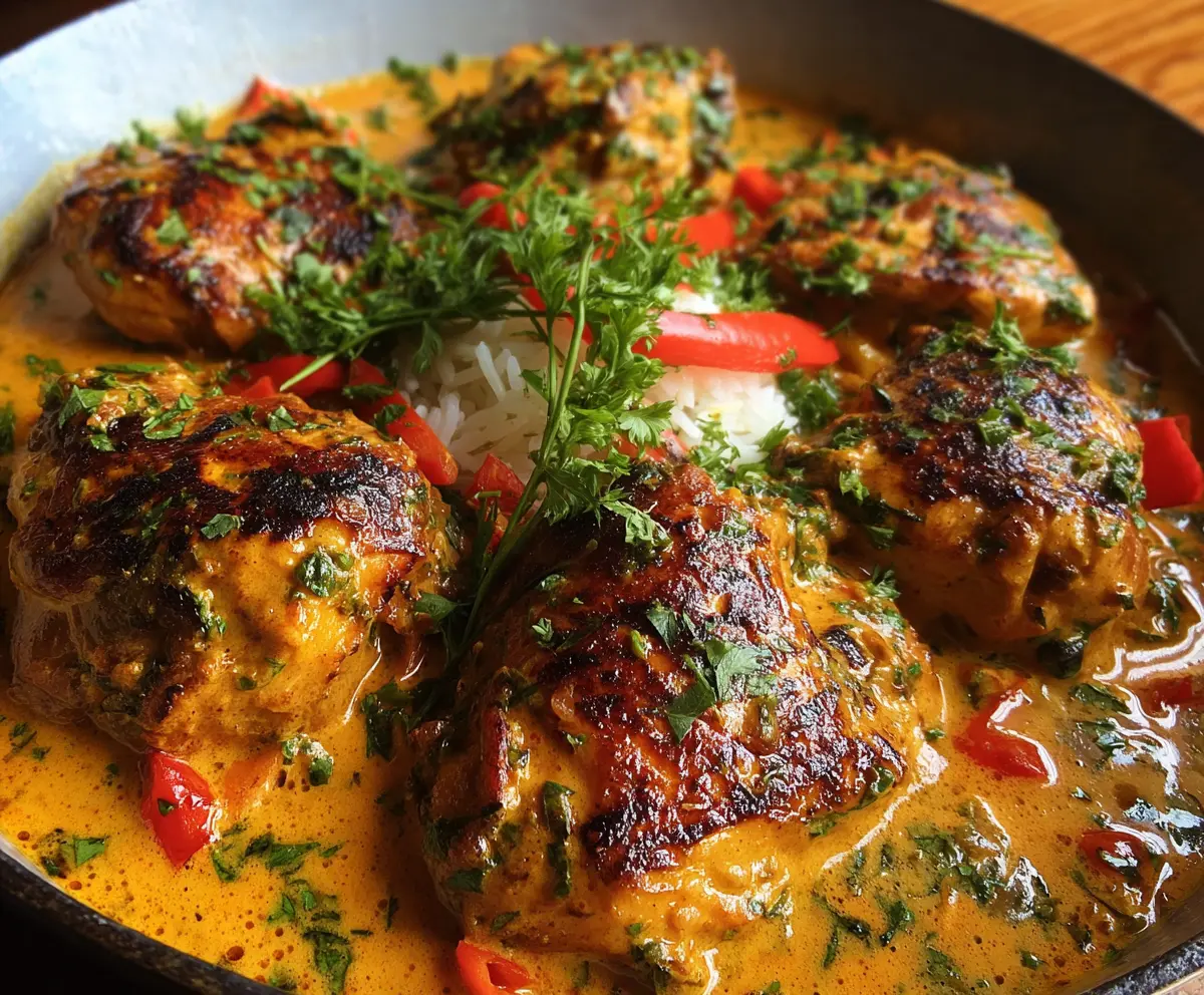 Delicious spicy Brazilian coconut chicken served with vibrant herbs and peppers.