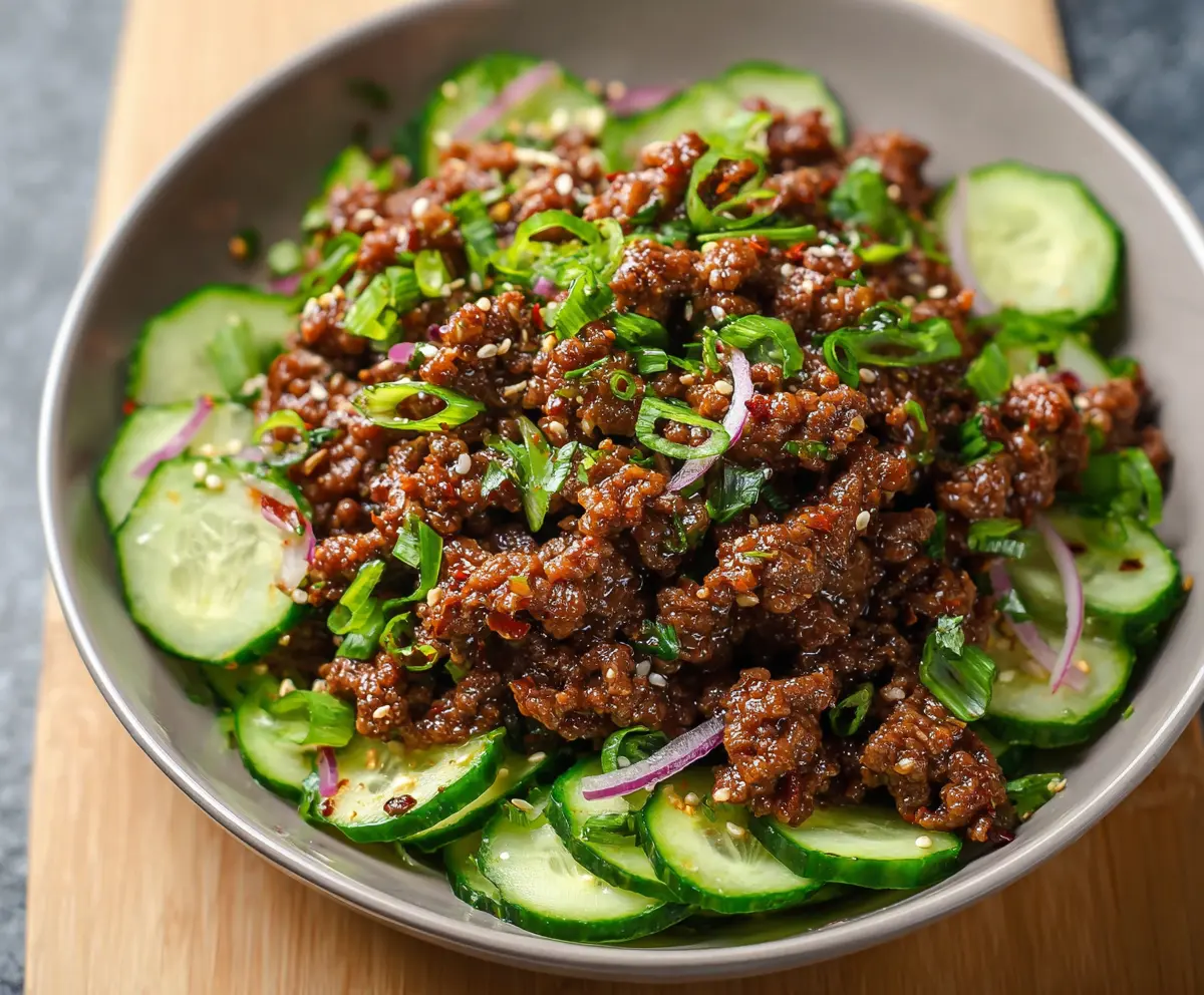 Spicy Keto Korean Ground Beef with Cucumber Salad