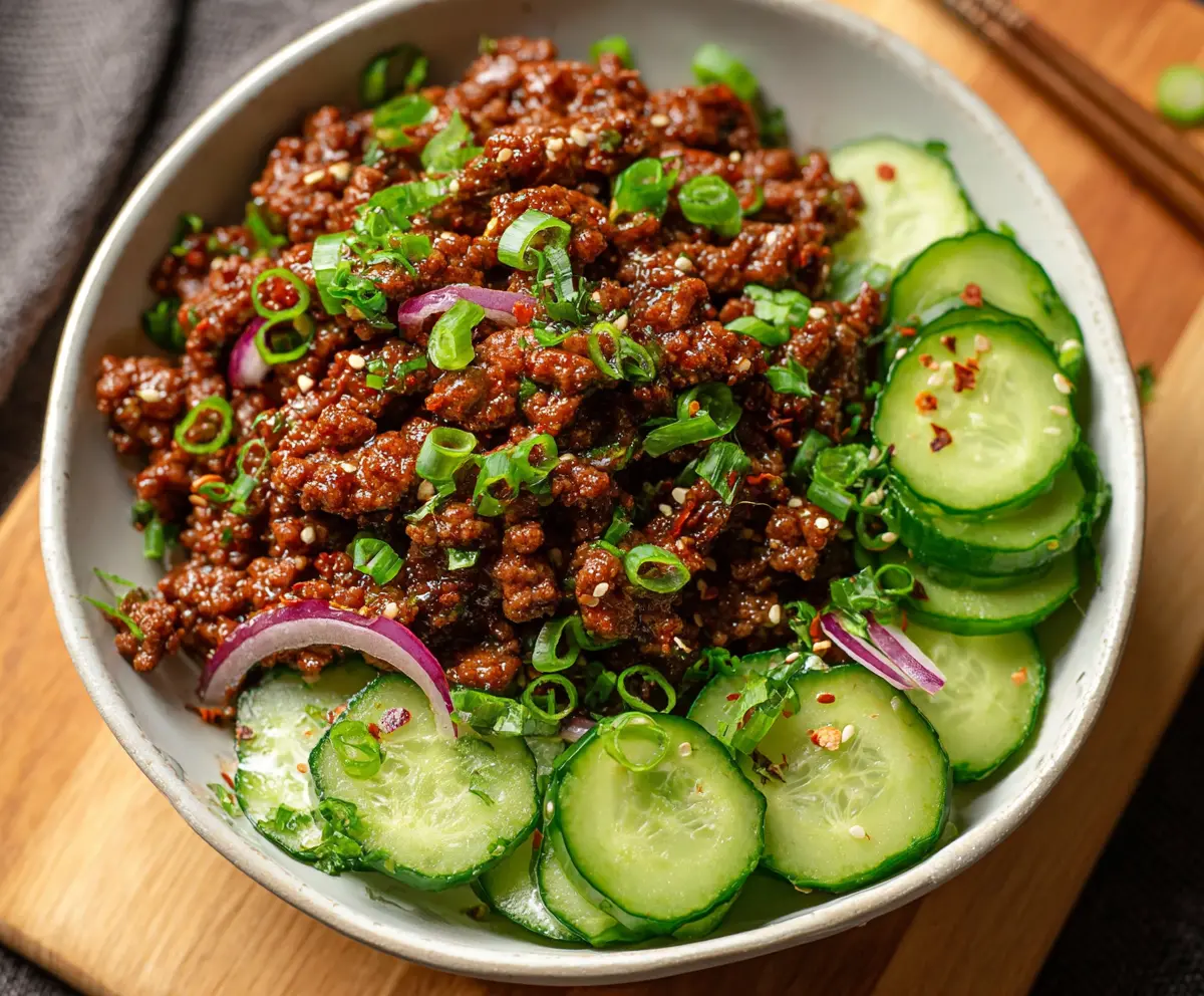 Delicious spicy keto Korean ground beef served with fresh cucumber salad, perfect for low-carb meals.