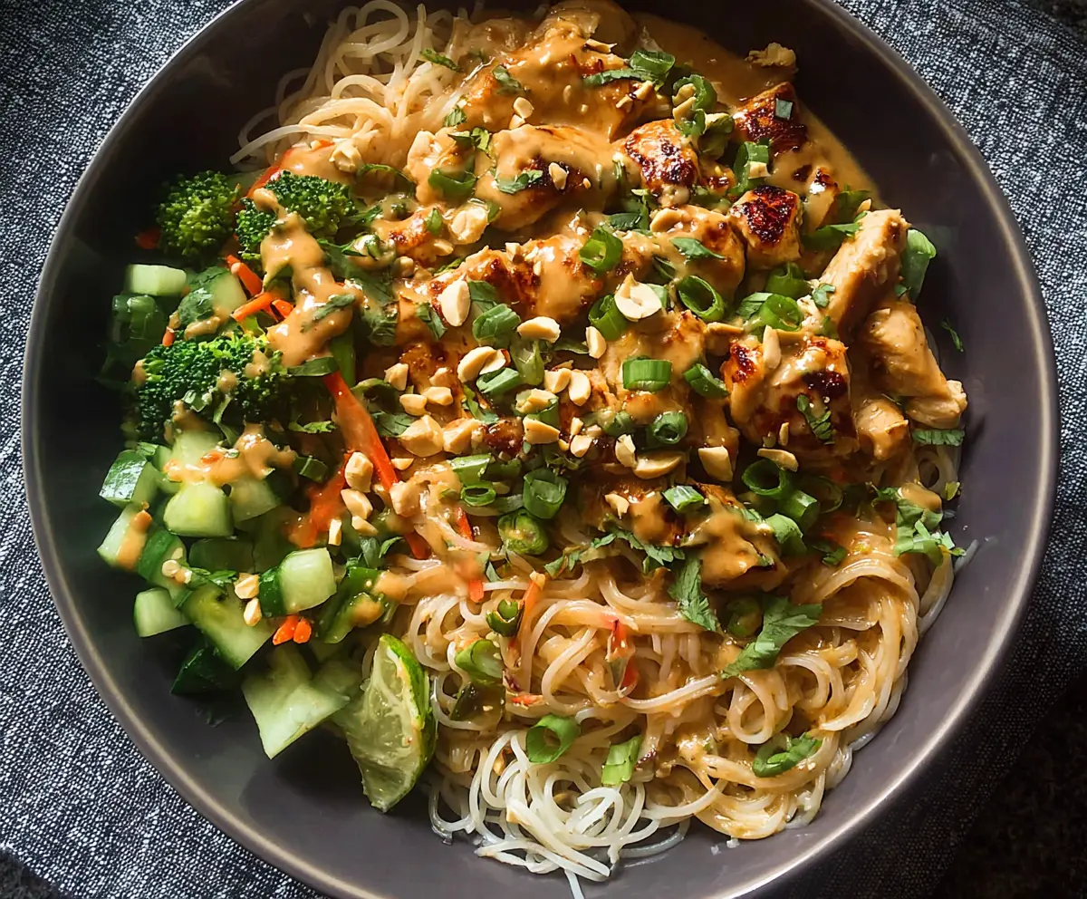 Delicious Thai Peanut Chicken Noodle Bowl with fresh vegetables and creamy sauce.