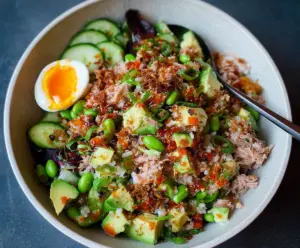 Delicious Tuna Avocado Crispy Rice Salad served in a bowl with fresh greens and vibrant vegetables.