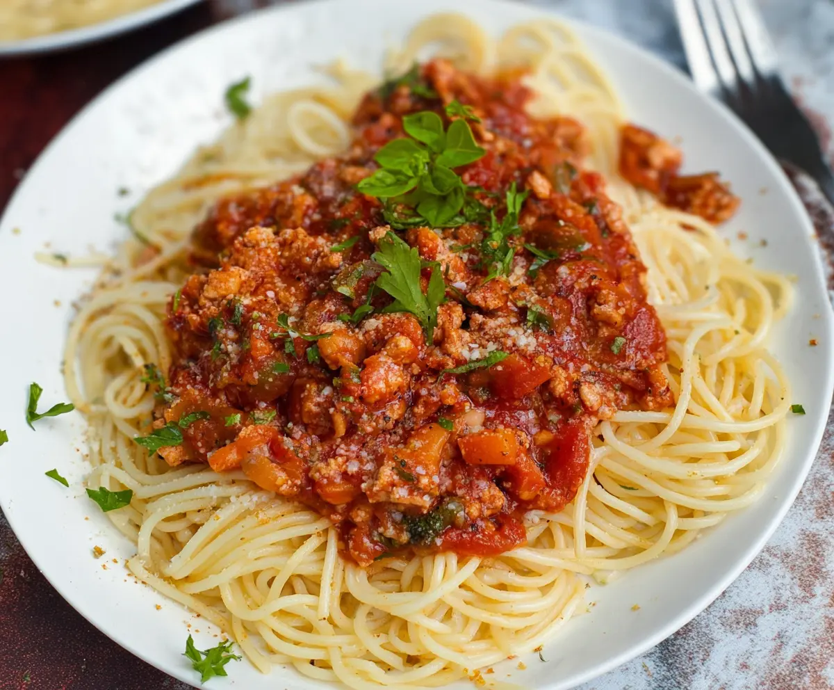 Delicious veggie-loaded ground chicken spaghetti sauce in a bowl, showcasing fresh tomatoes, peppers, and herbs.