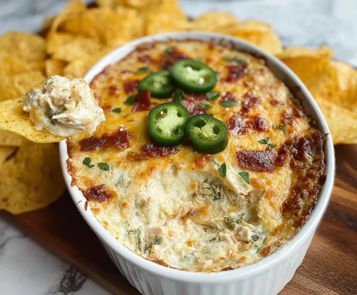 Delicious Baked Chuy's Jalapeno Chicken Dip served hot with crispy tortilla chips.