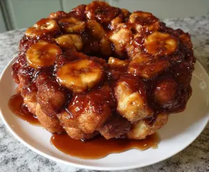 Delicious Bananas Foster Monkey Bread topped with caramelized bananas and gooey glaze