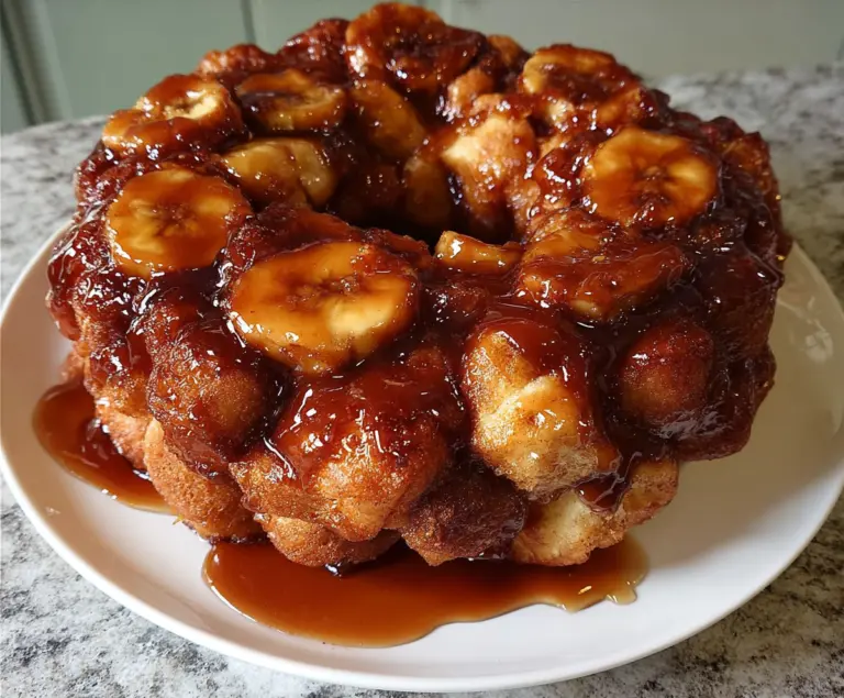 Delicious Bananas Foster Monkey Bread topped with caramelized bananas and gooey glaze