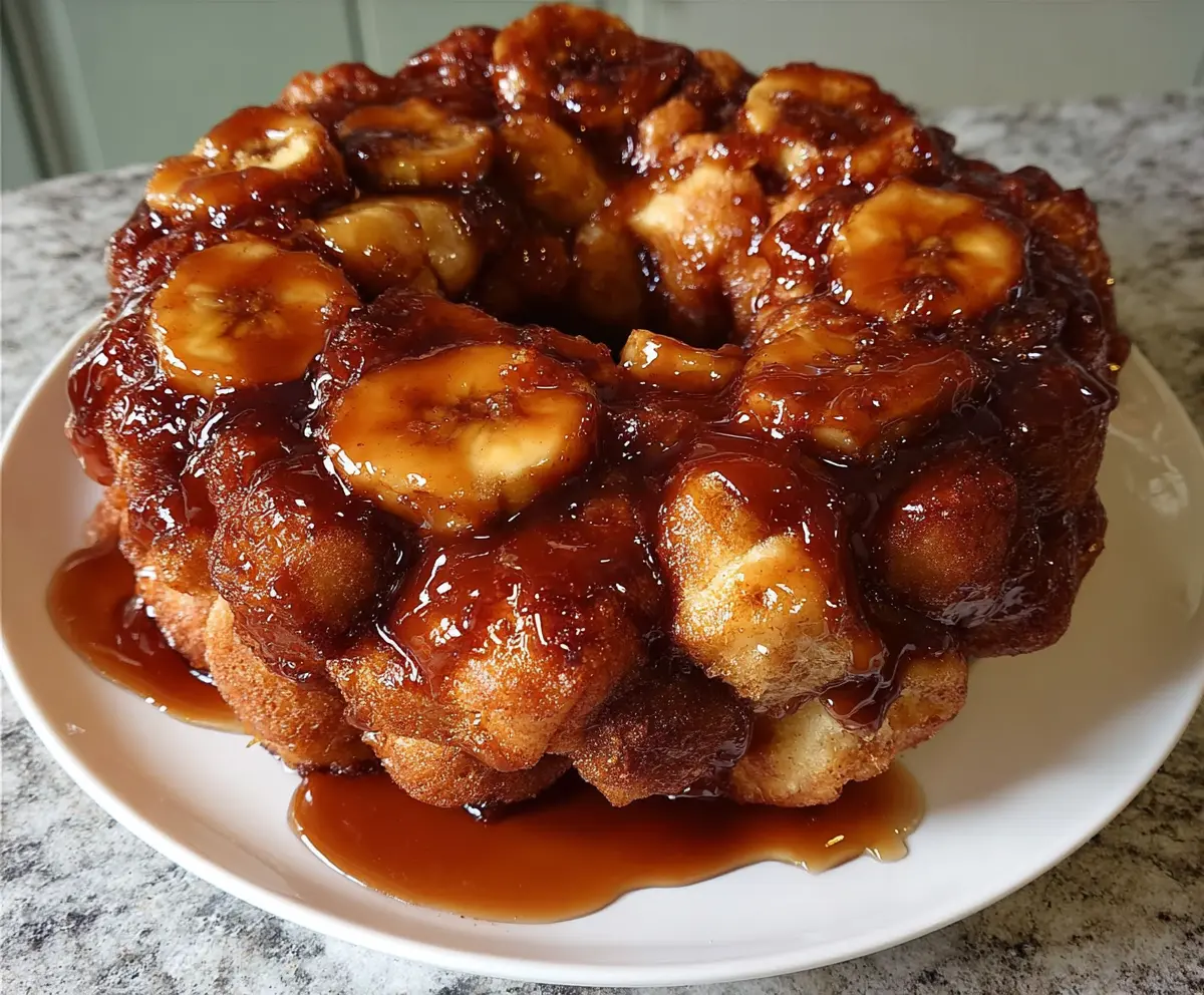 Delicious Bananas Foster Monkey Bread topped with caramelized bananas and gooey glaze