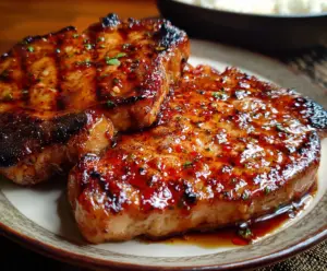 Delicious honey garlic pork chops served on a wooden platter with fresh herbs.