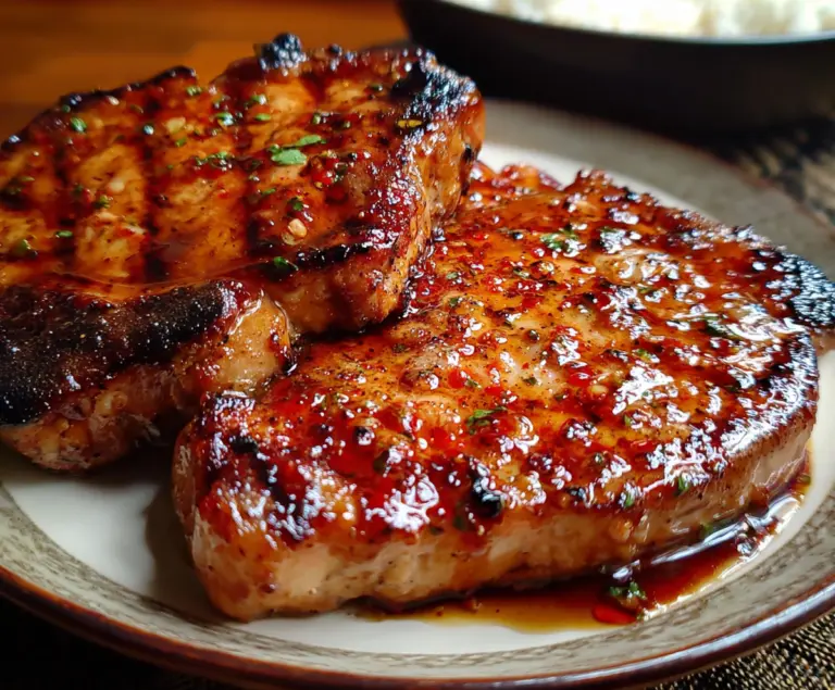 Delicious honey garlic pork chops served on a wooden platter with fresh herbs.