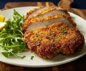Crispy breaded air fryer pork chops served on a plate with vegetables
