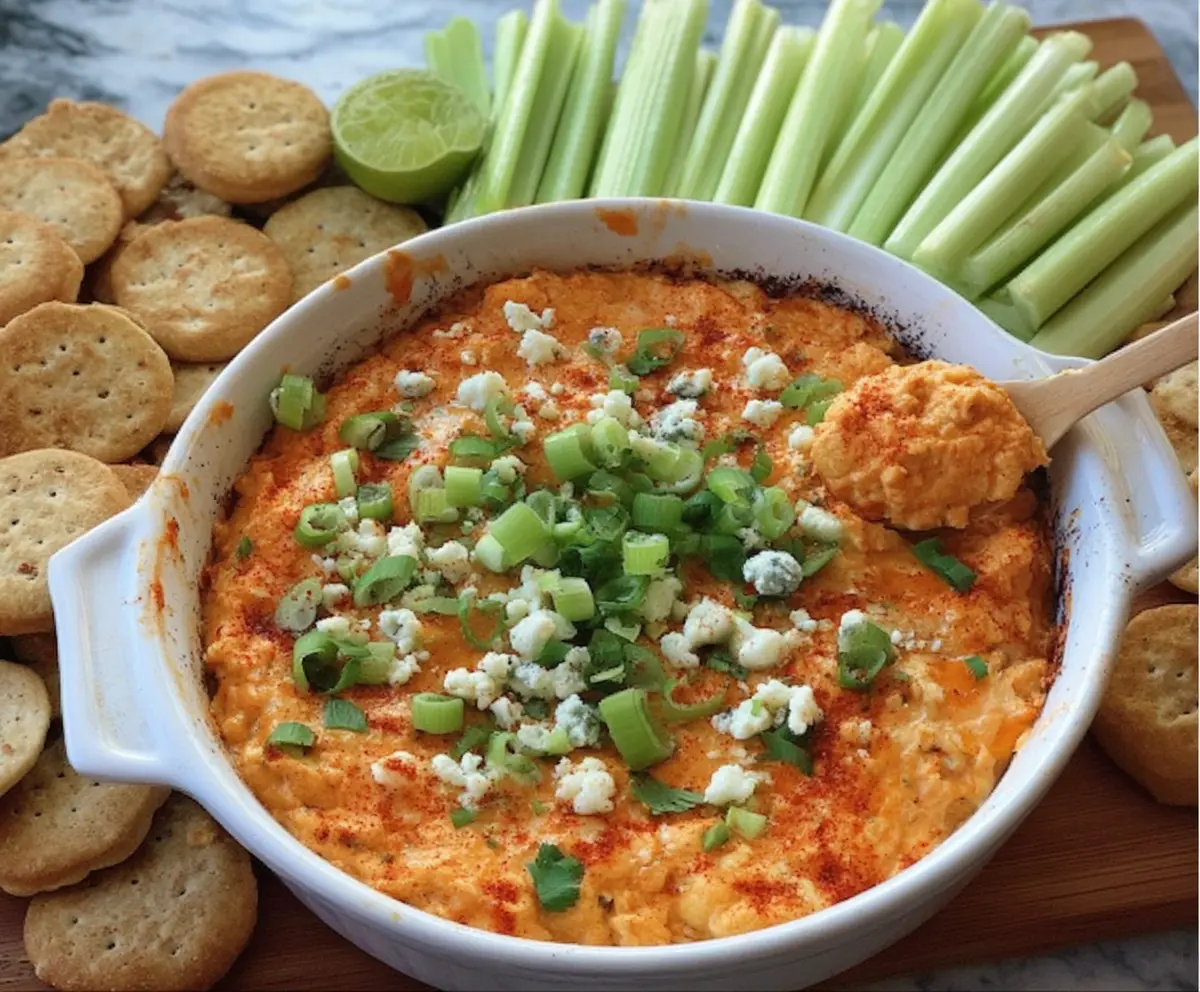 Creamy buffalo cauliflower dip served with fresh vegetables for a spicy snack.