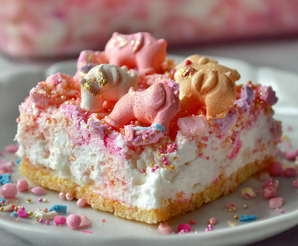 Delicious Circus Animal Cookie Lush dessert with colorful cookie layers and creamy topping