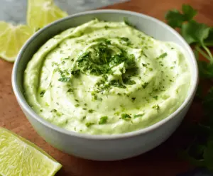 Creamy avocado cilantro lime dip served in a bowl with fresh cilantro and lime wedges.