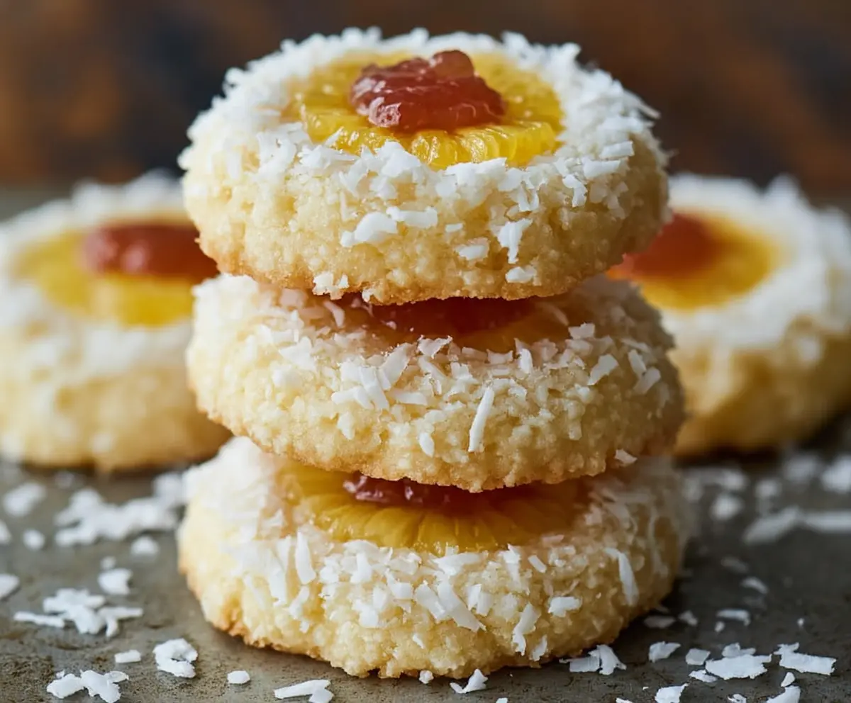 Delicious Hawaiian pineapple coconut thumbprint cookies on a plate, perfect for tropical desserts.