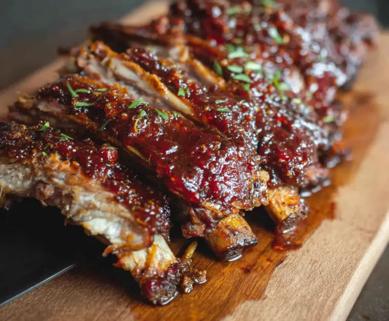 Juicy fall off the bone ribs glazed with barbecue sauce on a platter