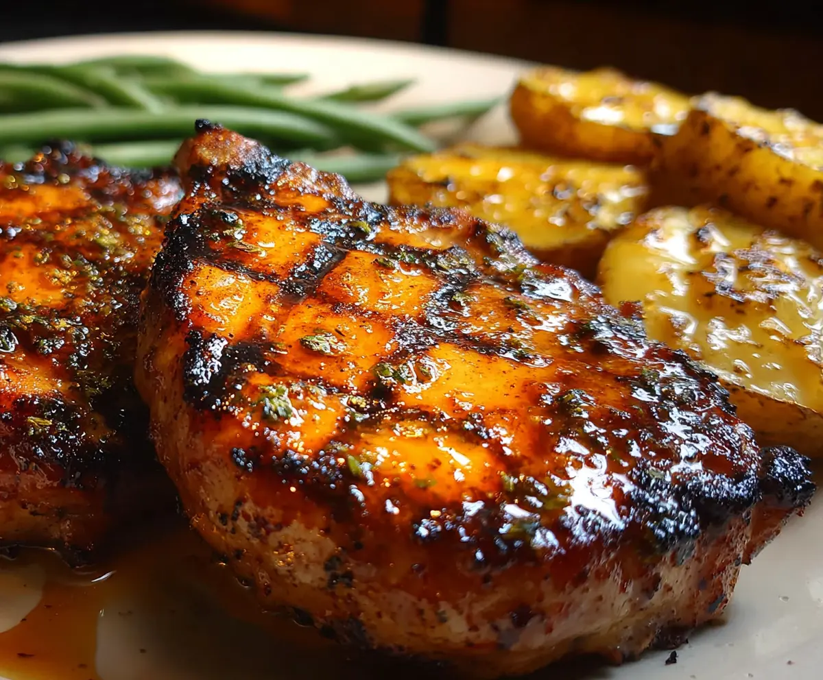Juicy grilled brown sugar pork chops served with fresh sides on a summer evening.