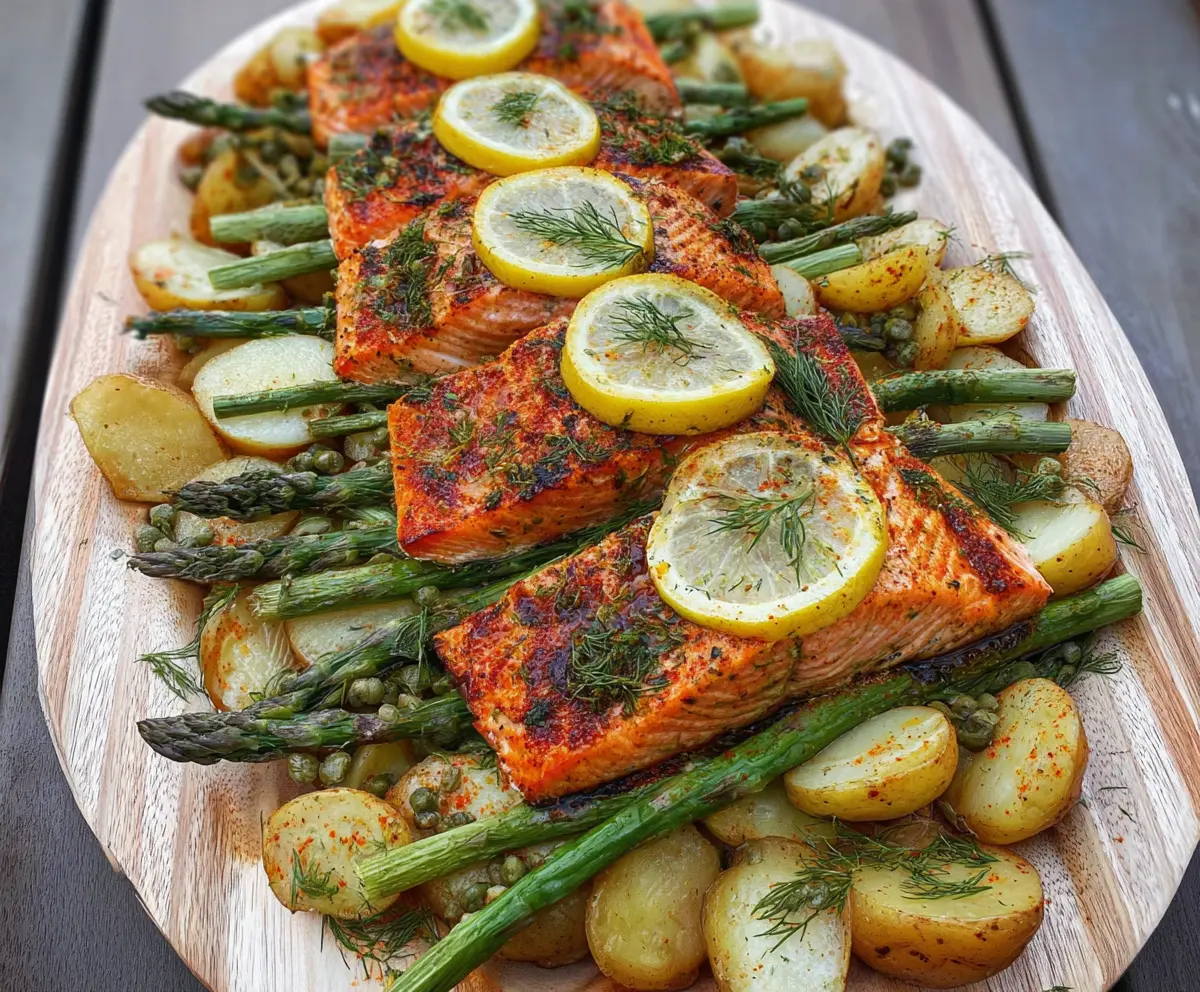 Grilled Lemon Dill Cedar Plank Salmon with Potatoes and Asparagus