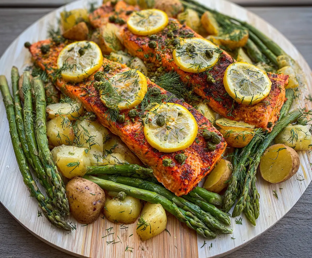 Delicious grilled lemon dill cedar plank salmon served with tender potatoes and fresh asparagus, perfect for a healthy meal.