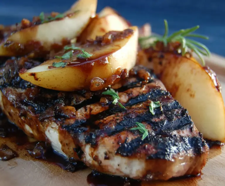 Delicious grilled pork chops served with balsamic caramelized pears, a savory and sweet dish.