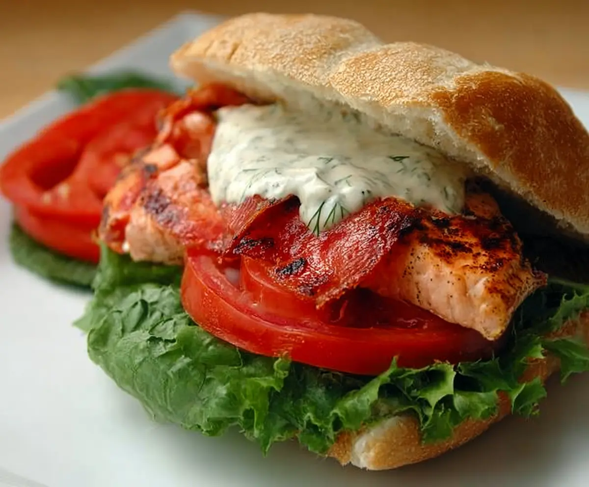 Delicious grilled salmon sandwich topped with fresh dill sauce on whole grain bread.