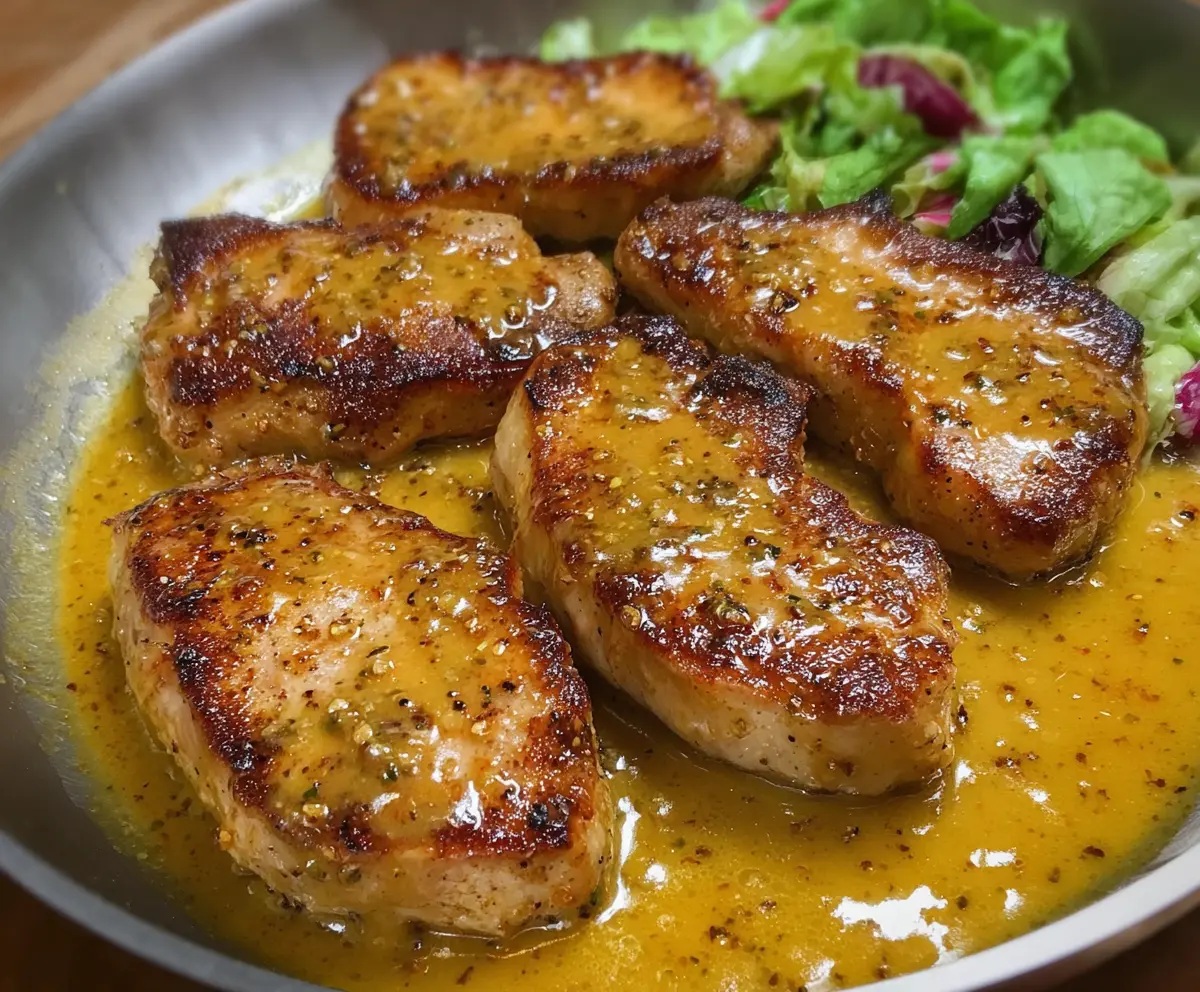 Juicy honey mustard glazed pork chops served on a plate with fresh herbs.