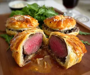 Delicious homemade individual beef Wellingtons with golden pastry and tender beef filling