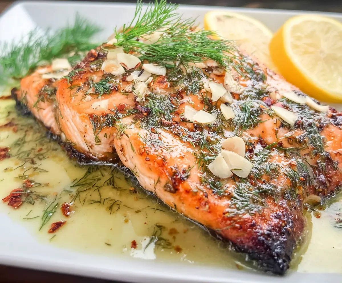 Lemon Dill Salmon with Garlic, White Wine, and Butter Sauce