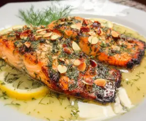 Delicious Lemon Dill Salmon served with garlic, white wine, and butter sauce on a dinner plate.