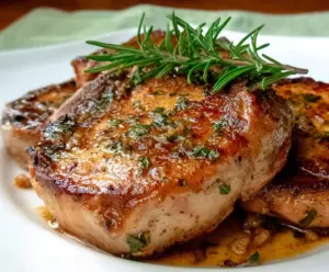 Juicy Modenese Pork Chops served with herbs and vegetables on a rustic plate.