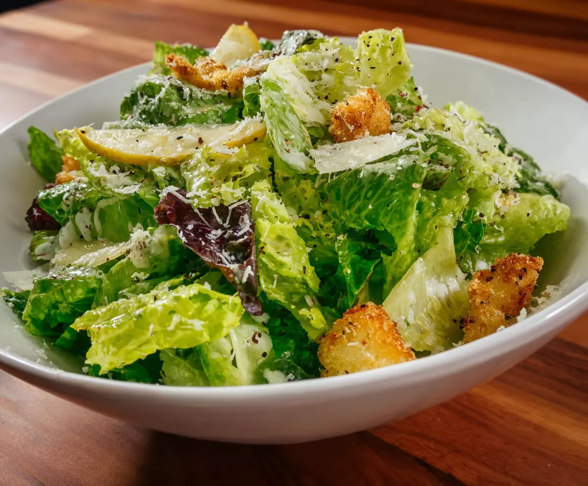 Fresh Nana's Crunchy Lemon Parmesan Salad with zest, cheese, and greens served in a salad bowl.