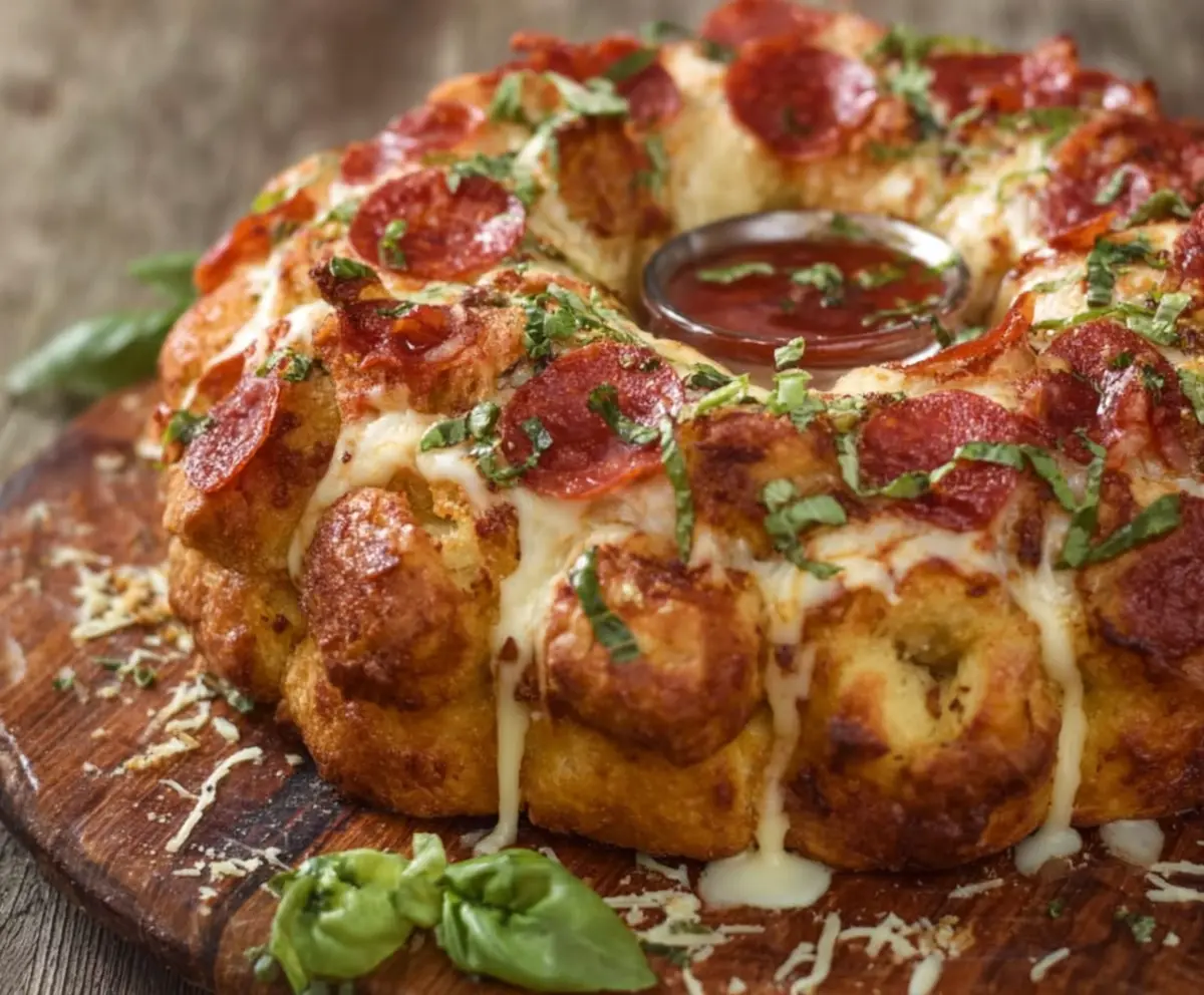 Delicious Pizza Monkey Bread with melted cheese, pepperoni, and fresh herbs, perfect for sharing at parties.