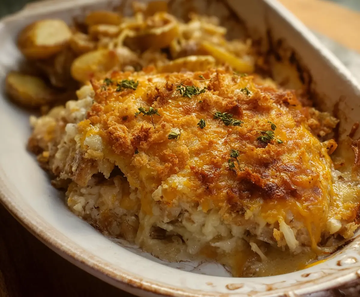 Delicious pork chop potato casserole with melted cheese and fresh herbs served on a baking dish.
