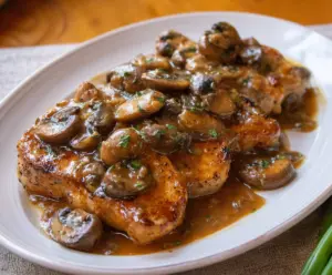 Delicious pork chops topped with a savory garlic mushroom sauce served on a plate.