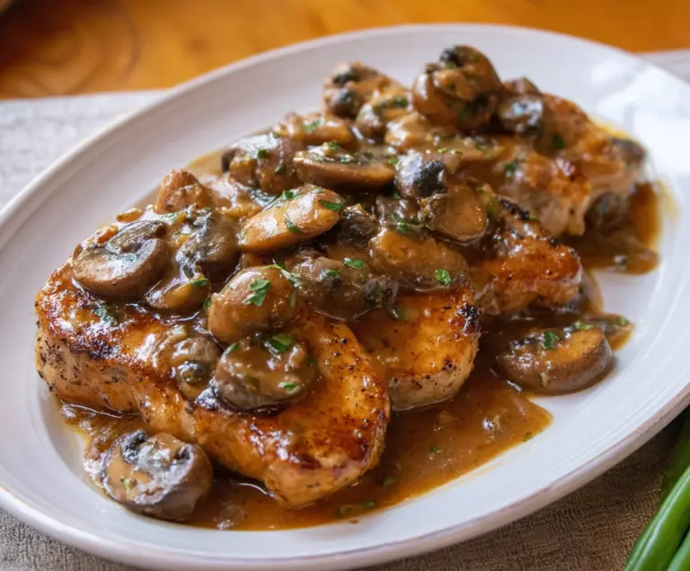 Delicious pork chops topped with a savory garlic mushroom sauce served on a plate.