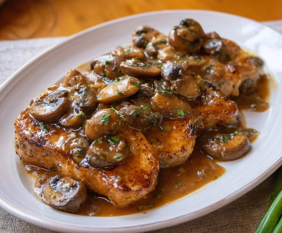 Delicious pork chops topped with a savory garlic mushroom sauce served on a plate.