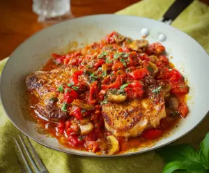 Delicious Pork Chops Italiano served with fresh herbs and juicy vegetables on a rustic plate.