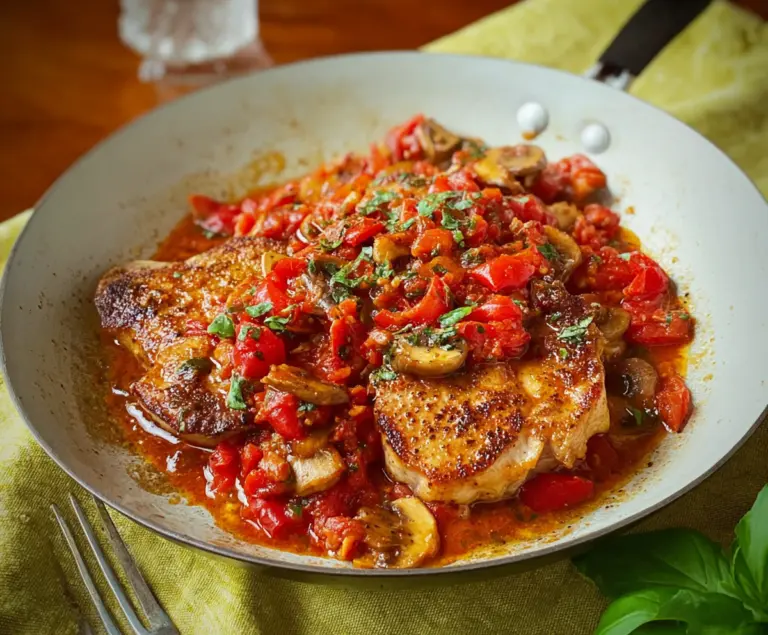 Delicious Pork Chops Italiano served with fresh herbs and juicy vegetables on a rustic plate.