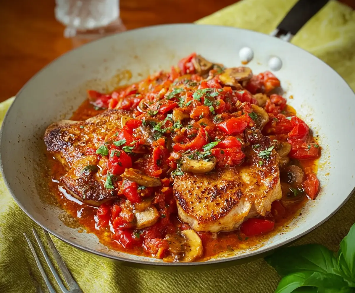 Delicious Pork Chops Italiano served with fresh herbs and juicy vegetables on a rustic plate.