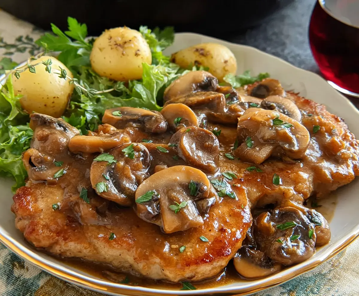 Delicious Pork Marsala served with mushrooms and herbs on a plate