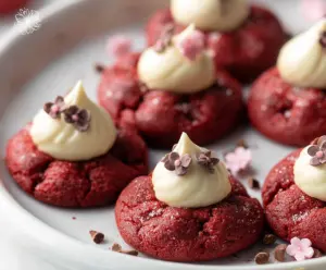 Delicious Red Velvet Blossom Cookies with a soft red center and festive white chocolate drizzle.
