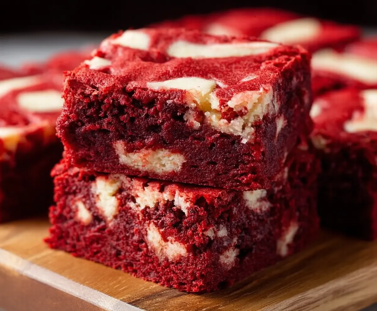 Delicious red velvet brownies with a rich, fudgy texture and vibrant red color, perfect for dessert lovers.