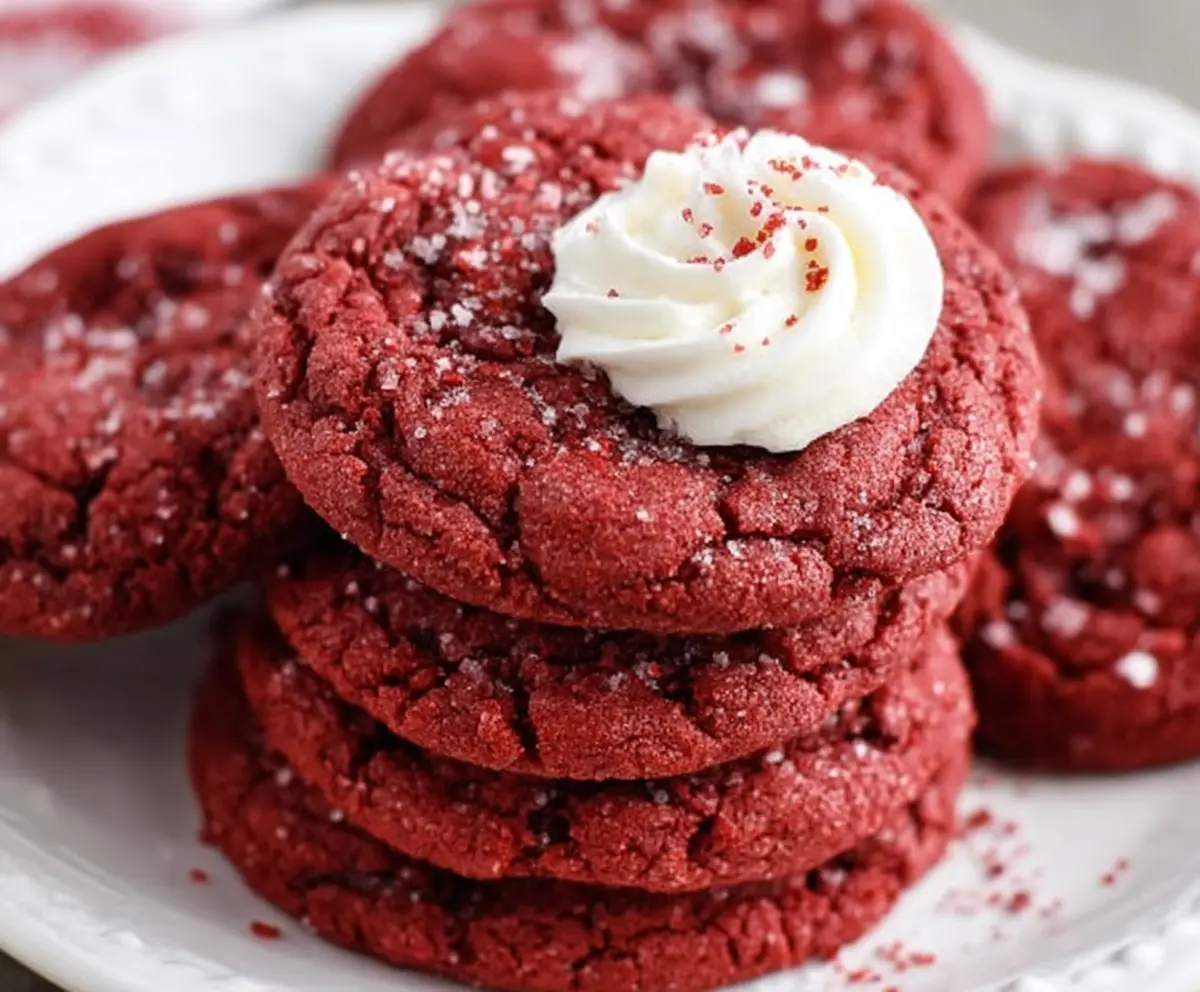 Delicious Red Velvet Cake Mix Cookies with cream cheese frosting on a rustic plate.